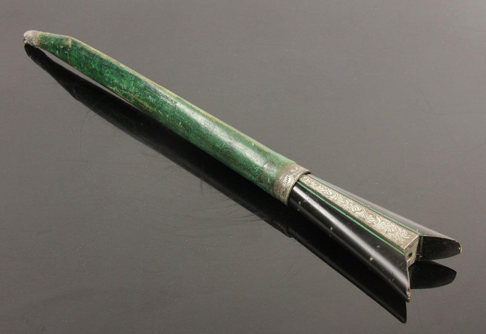 Triangular Hilt Dagger: Dagger, unusual triangular hilt with engraved silver, engraved blade with date, green leather scabbard; 11" l (blade), 16" l (overall). Provenance: From the unreserved Vincent J. Vabri Edged Weapon Co