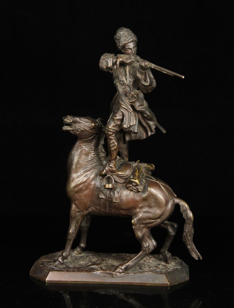 Lanceray, "Trick Rider or Cherkessian Djigitovka,": Evgeny Lanceray (Russian, 1848-1886), "Trick Rider or Cherkessian Djigitovka," bronze, deep dark brown patina, signed in Cyrillic with Nikolai Shtange foundry mark, also in Cyrillic; 11" h x 7 1/2" w 