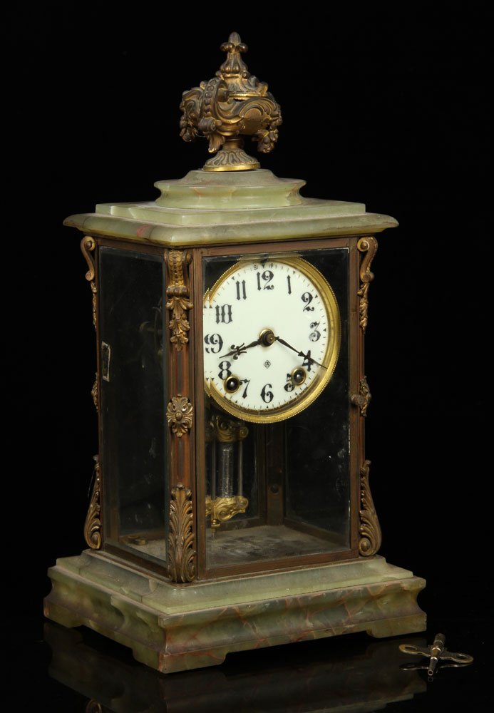 Ansonia Mantle Clock: 19th century Ansonia mantle clock, marble, with mercury pendulum, 15 1/2" h. Provenance: from a Massachusetts estate.