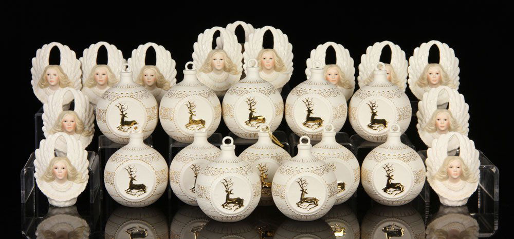 Lot of 25 Cybis Figures, Porcelain: Lot of twenty-five Cybis figures, porcelain, to include: thirteen angel bust figures and twelve Christmas ball ornaments; 4" h (angels). Provenance: From a New Hampshire estate.