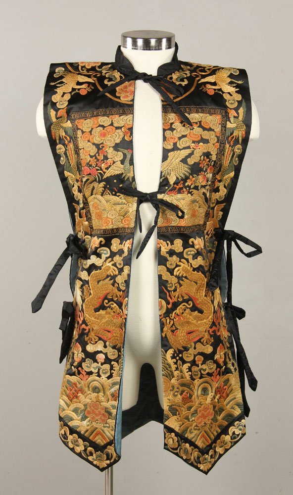 Chinese Embroidered Vest: Embroidered vest, Chinese, silk, with five-clawed dragons, 38" l (top of shoulder to bottom) x 17 1/2" w (shoulder to shoulder). Provenance: From a Massachusetts estate.