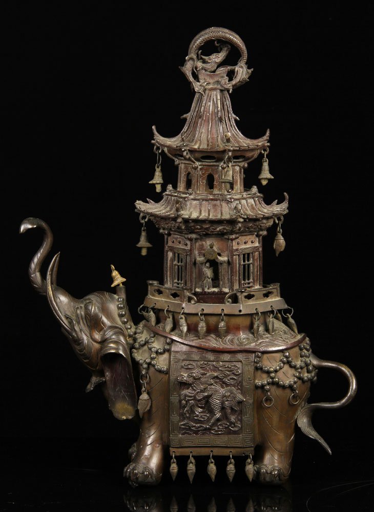Japanese Elephant Incense Burner, Bronze: Incense burner, Japanese, bronze, with elephant motif, 16" h x 12" l. Provenance: Unreserved estate collection from a North Shore home.