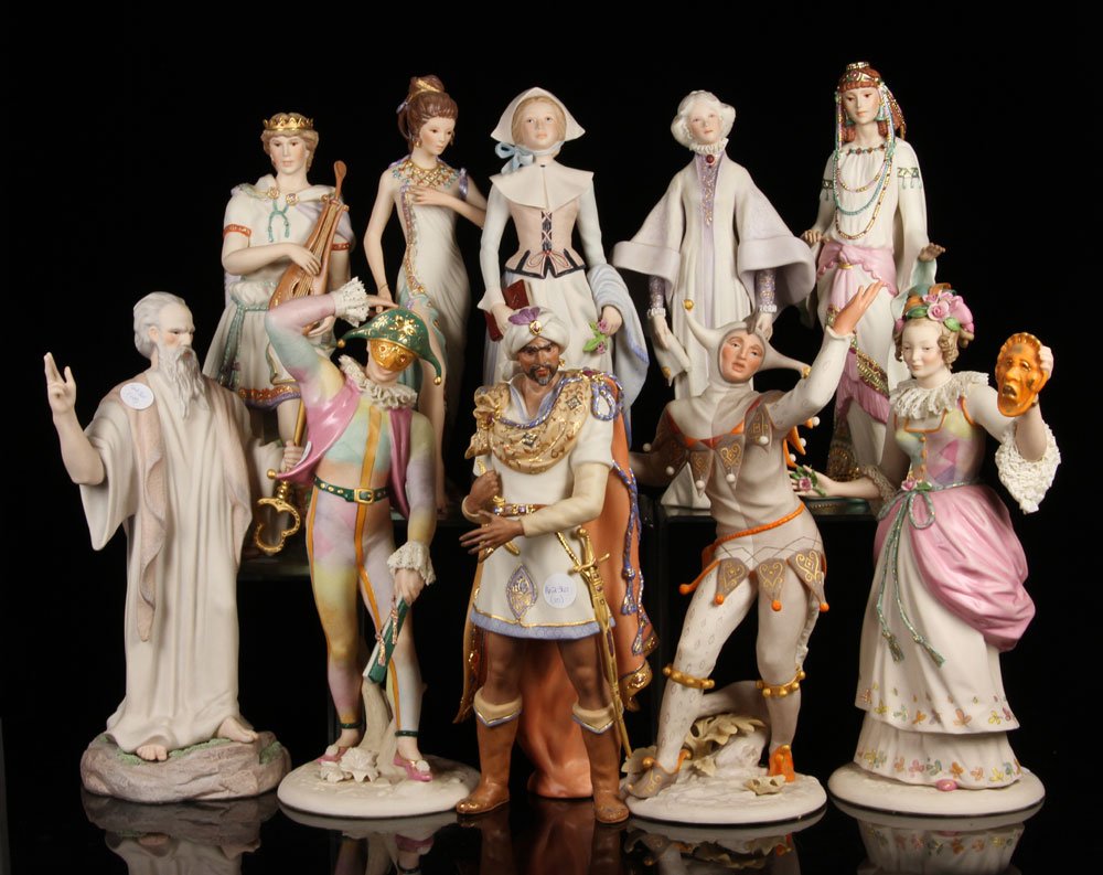 Cybis, Lot of 10 Figures: Lot of ten Cybis figures, porcelain, including figures of a jester, actors, actresses and ladies; 15 1/2" h (tallest). Provenance: From a New Hampshire estate.