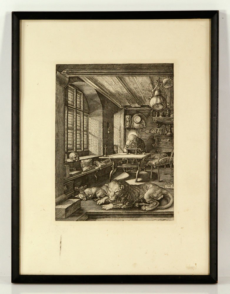 Durer, Scholar at Table, Etching: Albrecht Durer, scholar at table, etching, framed without glass, signed in plate; 10" h x 7" w (view), 16" h x 12" w (frame). Provenance: From a Massachusetts collection.