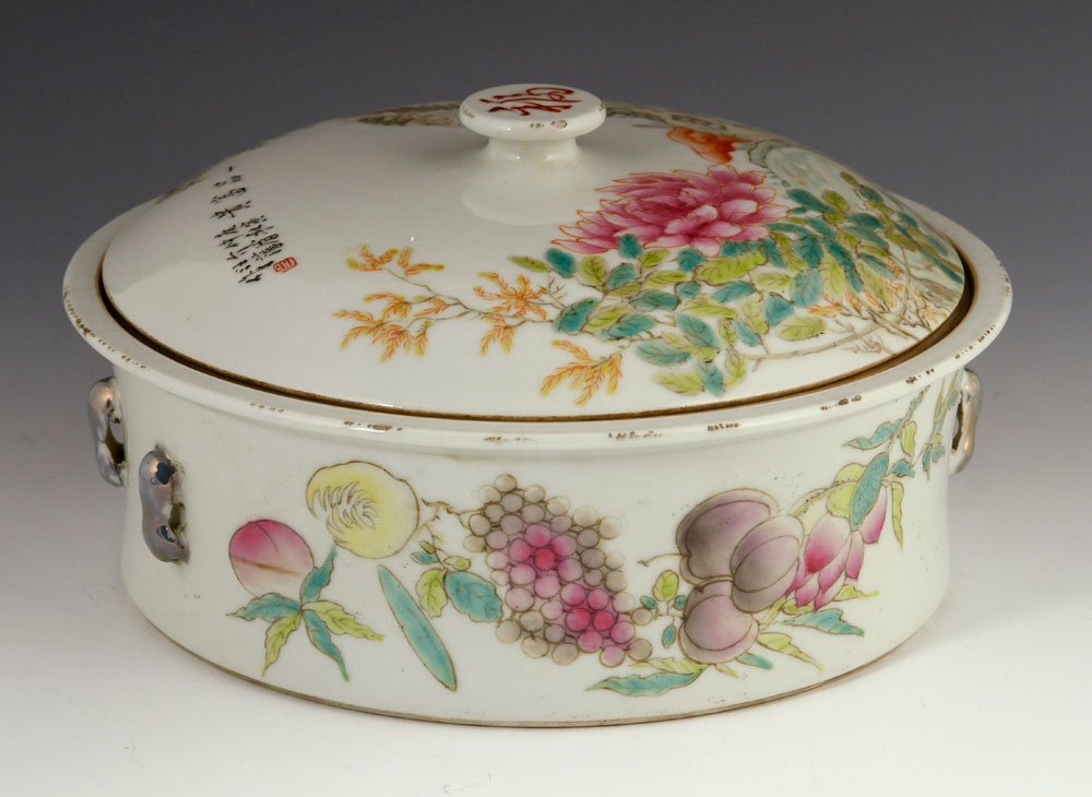 Chinese Famille Rose Soup Bowl: Chinese famille-rose soup bowl, porcelain, Republic Period, four foo lion head-shaped handles, decorated with crane and peony flowers, red Chinese character mark on base, 5 3/4" h x 11" dia.