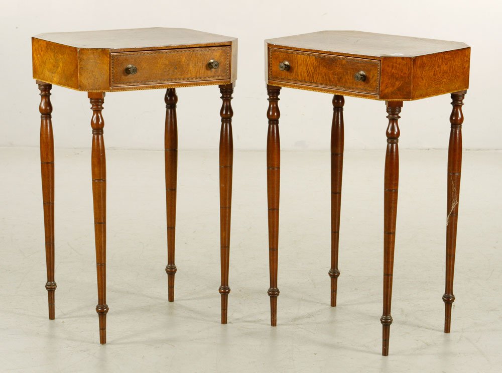 Pr. Sheraton End Tables: Pair of Sheraton end tables, 28" h x 17" w. Provenance: Unreserved estate collection from a North Shore home.