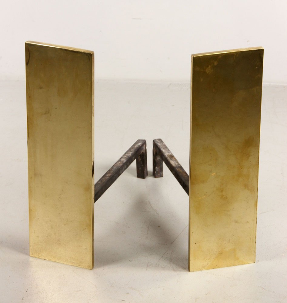 Pr. Modern Brass Andirons: Pair of andirons, brass, modern, 19 3/4" h x 6" w x 18 1/2" d. Provenance: From a Massachusetts estate.