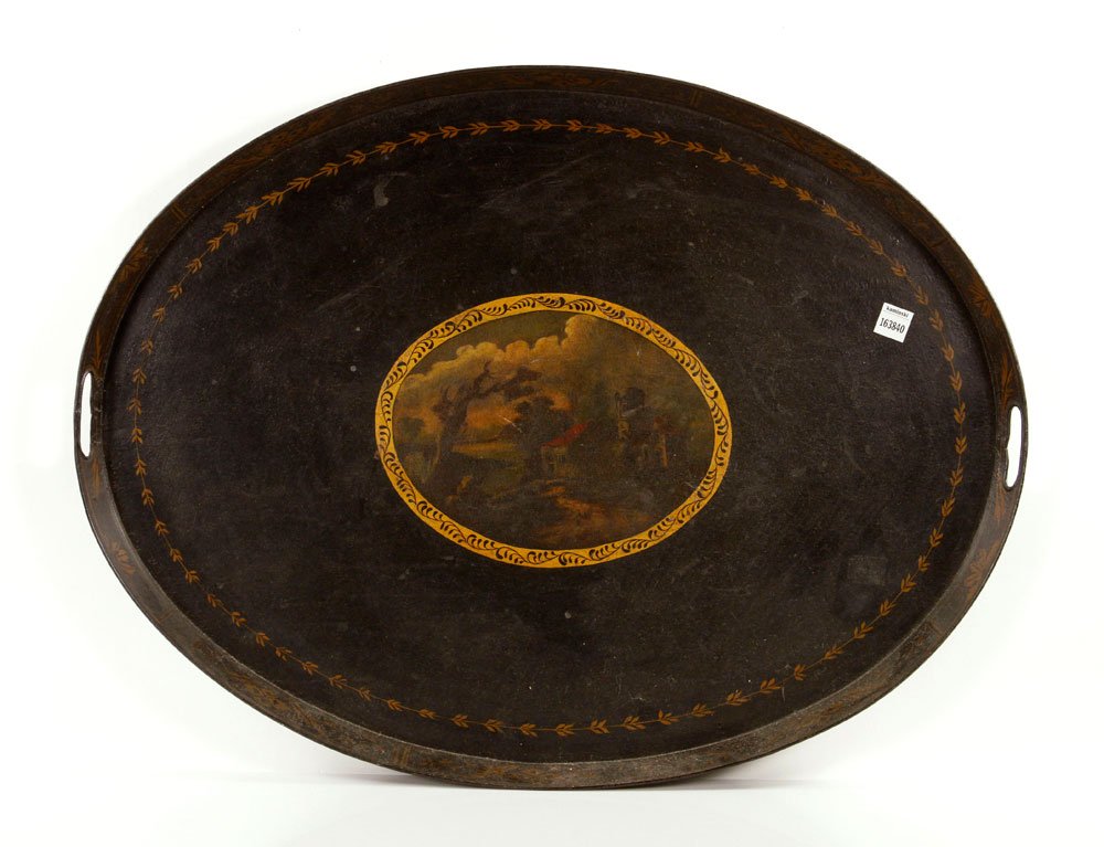 Tole Tray, Country House: Tole tray, showing country home and windblown tree, 23" h x 30" w. Provenance: Unreserved estate collection from a North Shore home.