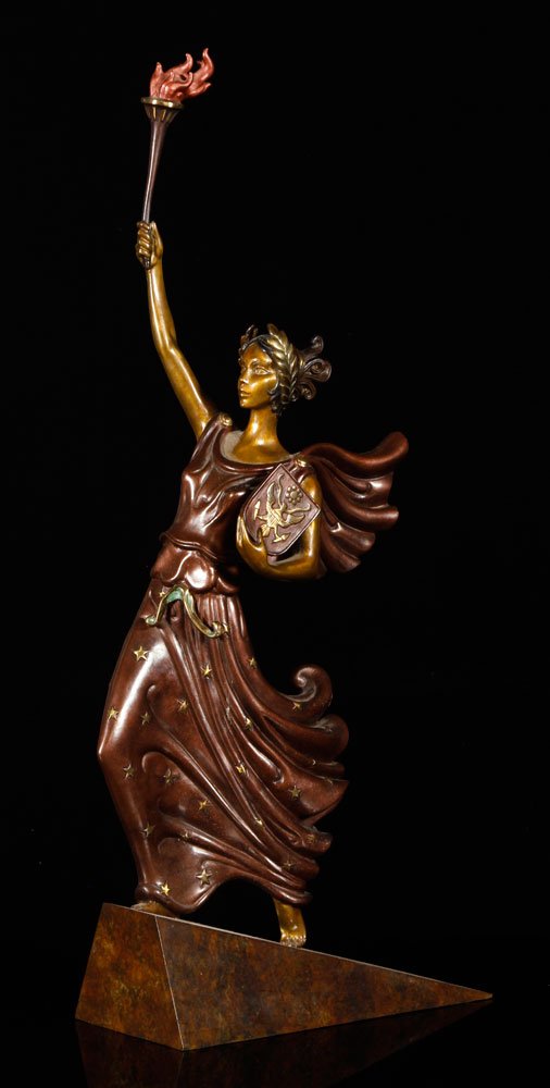 Erte, "Victoire," Bronze: Erte, Romain de Tirtoff (Russian-French, 1892-1990), bronze, "Victoire" ("Victory"), figure of a woman holding a torch, editioned 23 of 500, stamped "Fine Art Acquisitions 1984," 28 3/4" h x 5" w x 13