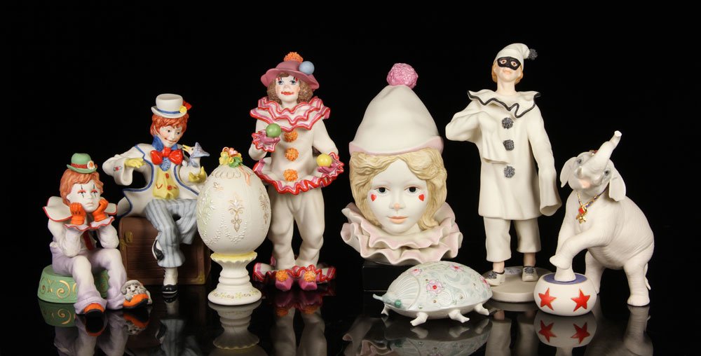 Lot of 8 Cybis Figures, Porcelain: Lot of eight Cybis figures, porcelain, to include: jester, elephant, egg, beetle and four clowns; 10 3/4" h (tallest). Provenance: From a New Hampshire estate.