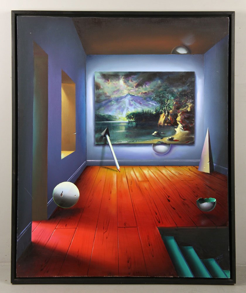 Ferjo, "The Upstairs Gallery," O/C: Ferjo, Fernando de Jesus Oliviera (Brazilian, 1946 - ), "The Upstairs Gallery," oil on canvas, surrealist vision of mountain view, signed lower right; 39 3/4" h x 32" w (view), 41" h x 34" w (frame).