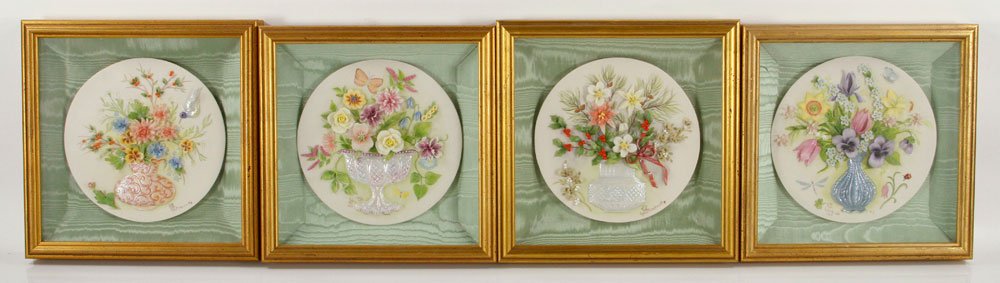 Cybis, Lot of 4 Plaques: Lot of four Cybis framed plaques, floral motif, 7 5/8" dia (plaques), 11" h x 11" w (frames). Provenance: From a New Hampshire estate.