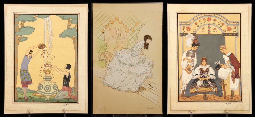 Lot of 3 French Pochoirs, W/C: Lot of three pochoirs, French, gouache, 12 1/2" h x 7 3/4" w (largest). Provenance: Unreserved estate collection from a North Shore home.