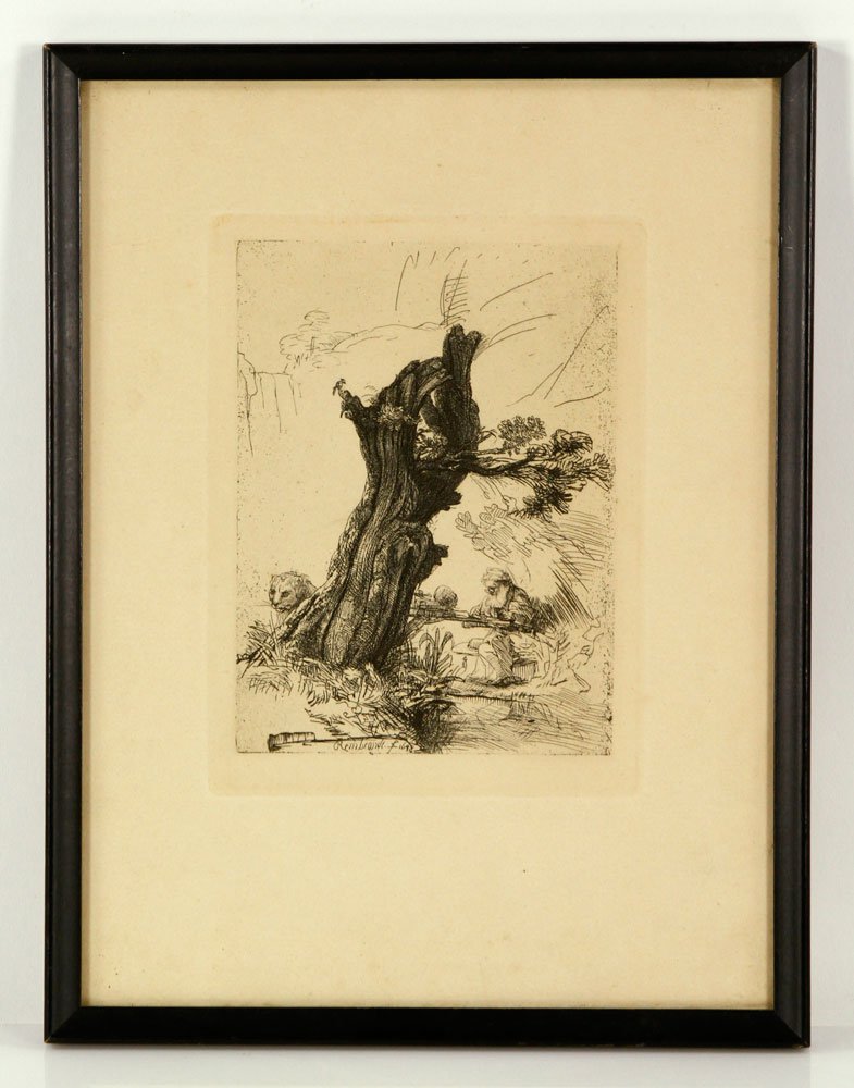 Rembrandt, "St. Jerome beside a Pollard Willow,": Rembrandt van Rijn, "St. Jerome beside a Pollard Willow," etching, framed under glass, signed "Rembrandt" in plate, Schoenhof's Book Store label verso; 7" h x 5" w (view), 12" h x 9 1/2" w (frame). Pr