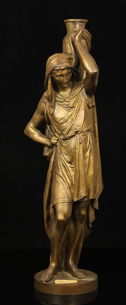 Carlier, Bronze Figure, French: Emile Nestor Joseph Carlier (French, 1849-1927), bronze, classically dressed figure of a man balancing amphora on shoulder, signed base, 18 1/2" h x 4 1/2" w. Provenance: Unreserved estate collection
