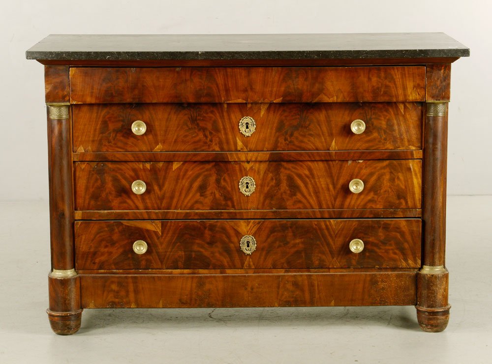 French Empire Commode: Empire commode, French, 36" h x 51" w. Provenance: Unreserved estate collection from a North Shore home.