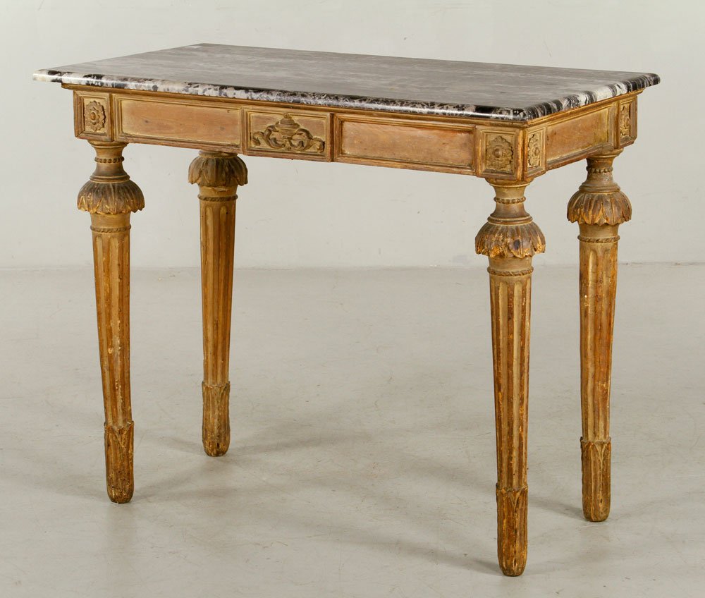 Italian Marble Top Pier Table: Pier table, Italian, marble top, 34" h x 41" l x 22" w. Provenance: Unreserved estate collection from a North Shore home.