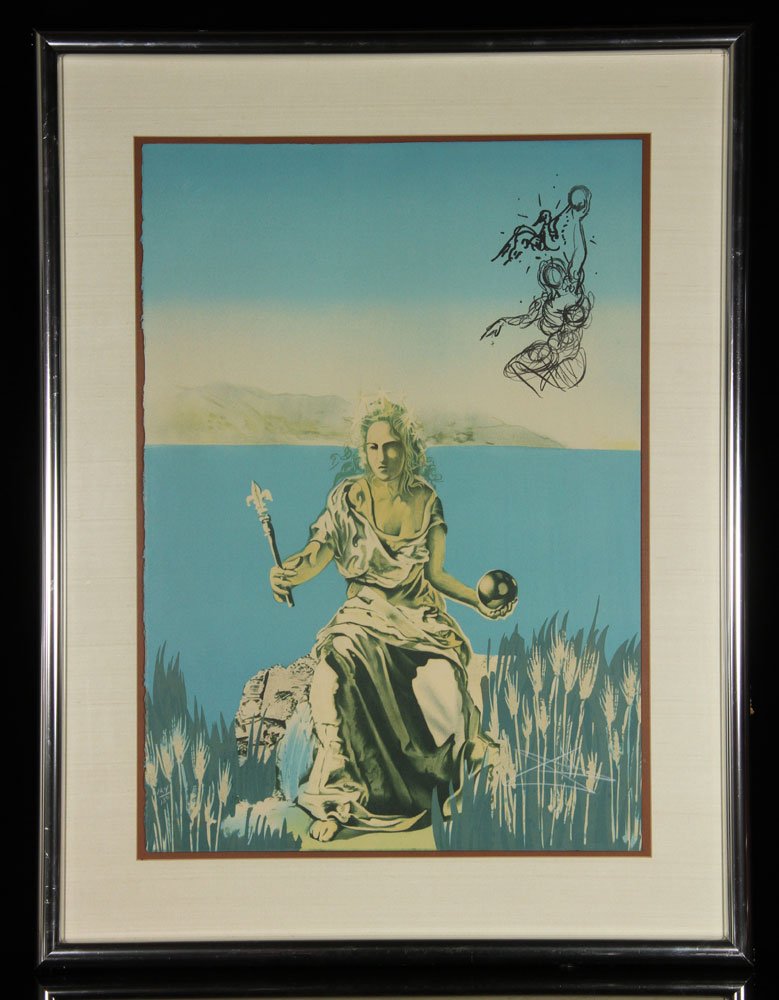 Dali, "Gala with Scepter," Lithograph: Salvador Dali, "Gala with Scepter," lithograph, editioned 124/150, 30" h x 21 1/2" w (view), 39" h x 31" w (frame). Includes Certificate of Authenticity. Provenance: From a Florida estate.