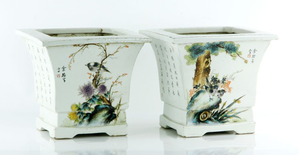 Pr. Chinese Republic Period Famille Rose Flower Pots: Pair of famille rose porcelain flower pots, China, Republic Period, decorated with bird and flower design and calligraphy, 8" h x 9" w.