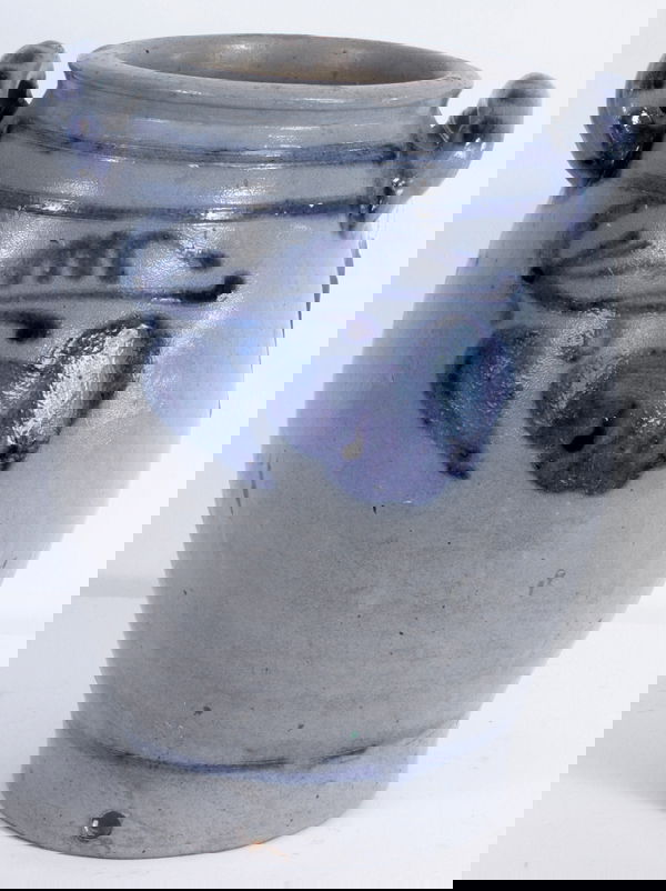 BLUE DECORATED CROCK 12": Blue decorated crock, 12"h. x 9"w. Good condition with spigot hole at bottom