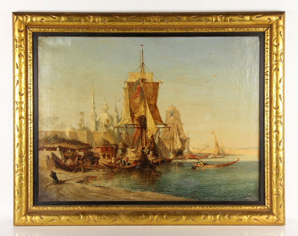 Attr. Ziem, Ships in Harbor, Oil On Canvas: Attributed to Felix Ziem (French, 1821-1911), Middle Eastern scene depicting ships in calm harbor, oil on canvas, unsigned, gold leaf frame; 21 1/4" h x 28 1/2" w (view), 27" h x 34 1/2" w (frame). Pr