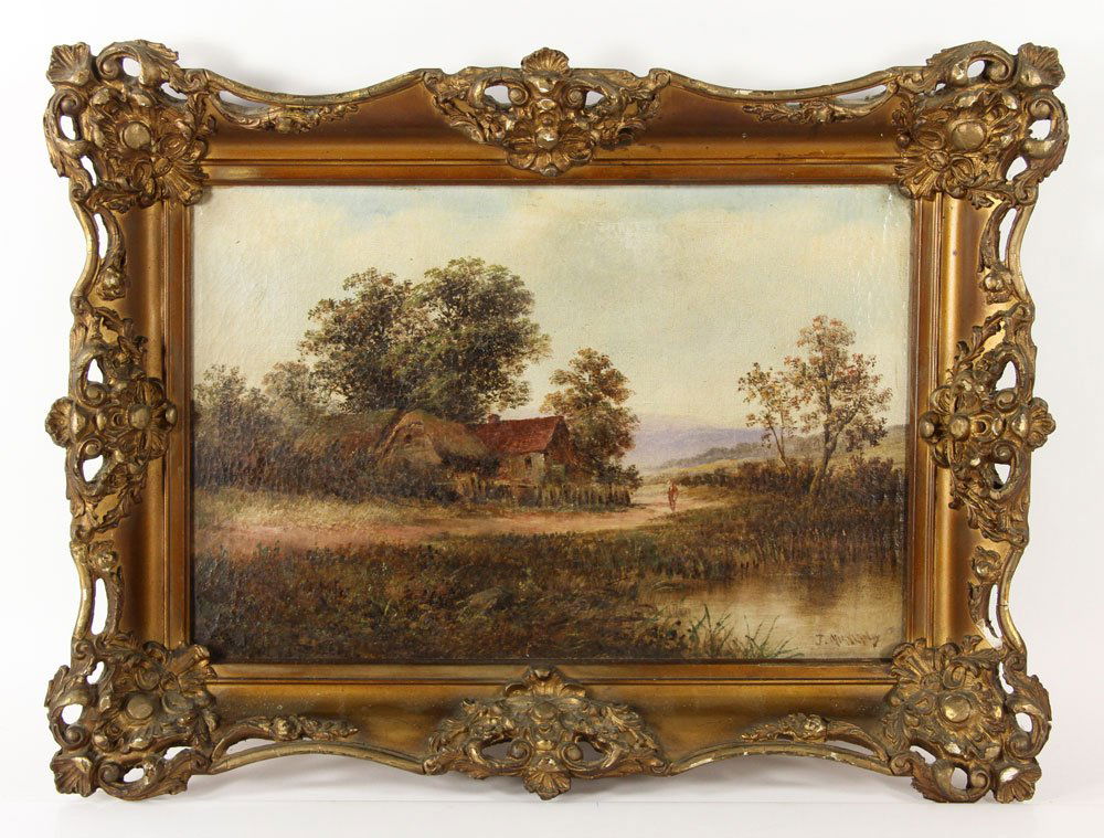 Murphy, "Thatched Cottage," Oil On Canvas: John Francis Murphy (1853-1921), "Thatched Cottage," Barbizon-style, oil on canvas, signed lower right, carved decorative frame; 11 1/2" h x 18" w (view), 17" h x 23" w (frame). Provenance: From a Con