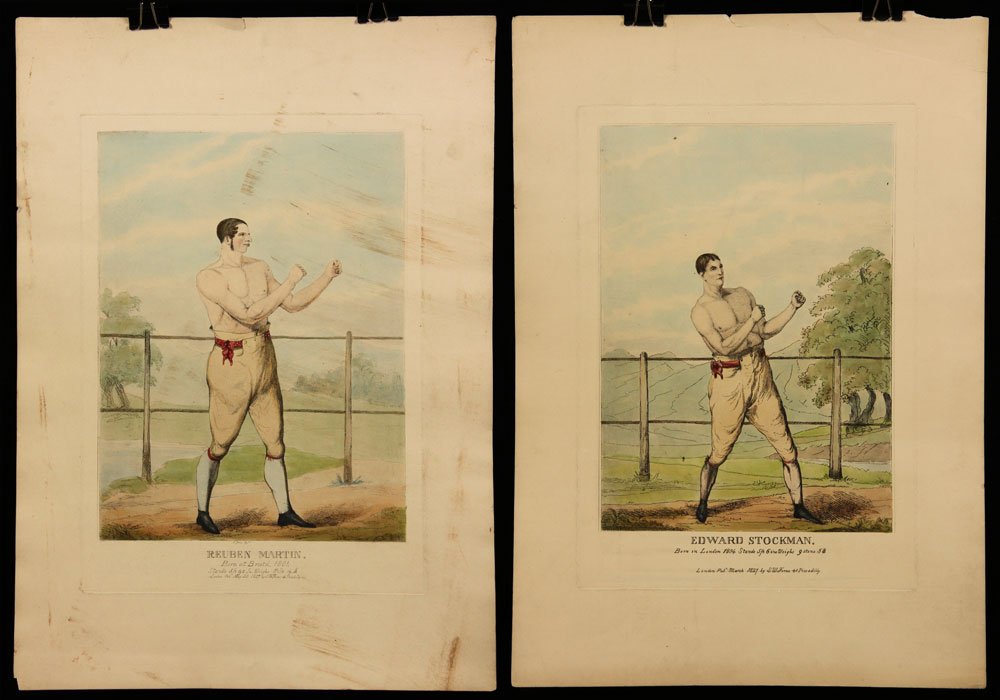 2 Early Lithographs, Boxers: Lot of two early colored lithographs, depicting two boxers, published 1827 "S.W. Fores, 41 Picadilly," unframed, to include: "Reuben Martin, Born at Bristol, 1801," and "Edward Stockman, Born in Londo