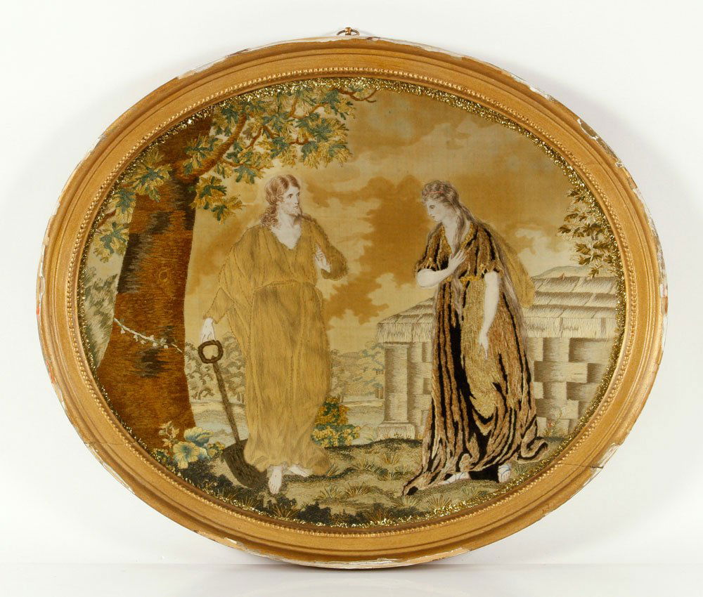 19th C. Needlework on Silk: Needlework on silk, 19th century, depicting two classical figures in garden setting, oval frame; 14" h x 17" w (view), 16" h x 19" w (frame). Provenance: From a Massachusetts estate.