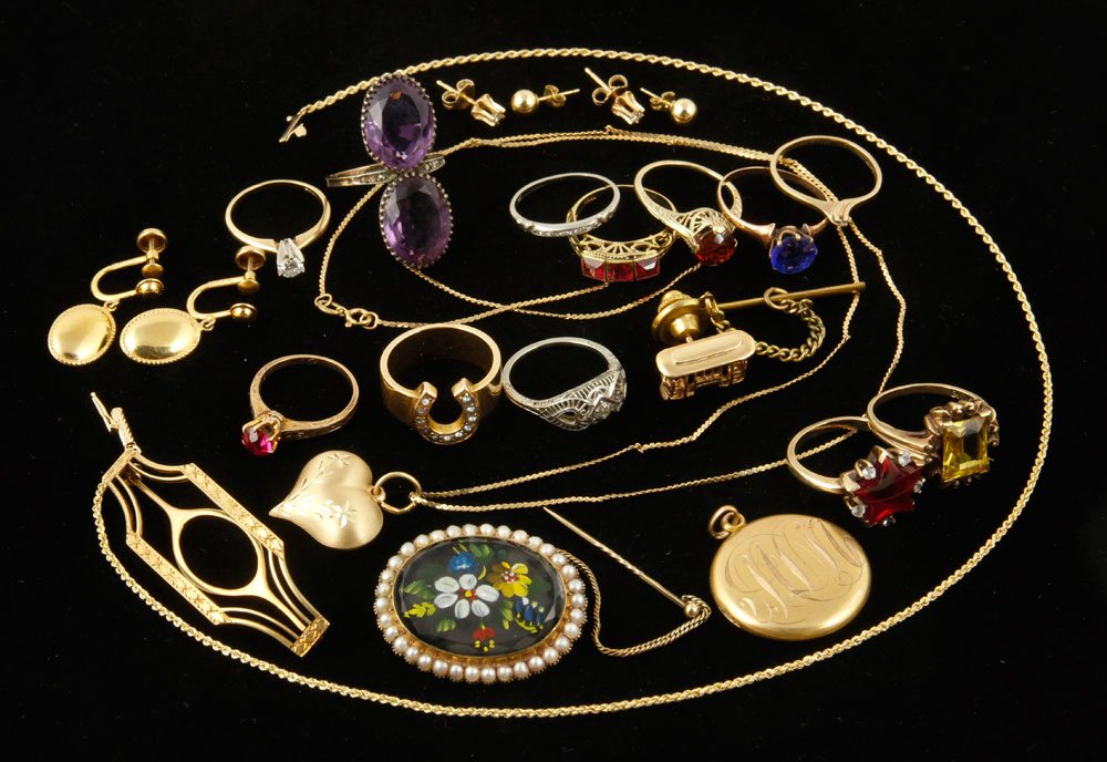 Lot of Miscellaneous Gold Jewelry: Lot of miscellaneous 18K, 14K, and 10K gold jewelry, to include: two 18K white gold and diamond rings; 14K yellow gold diamond solitaire ring; pair of 14K yellow gold diamond stud earrings; 14K yellow