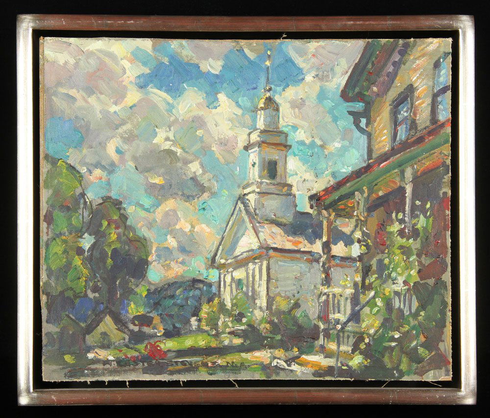 Stevens, Church and House, O/C: William Lester Stevens (American, 1888-1969), church and house, oil on canvas mounted on masonite, signed; 11 3/4" h x 14" w (view), 13 1/2" h x 15 1/2" w (frame). Â Provenance: From a Massachusetts
