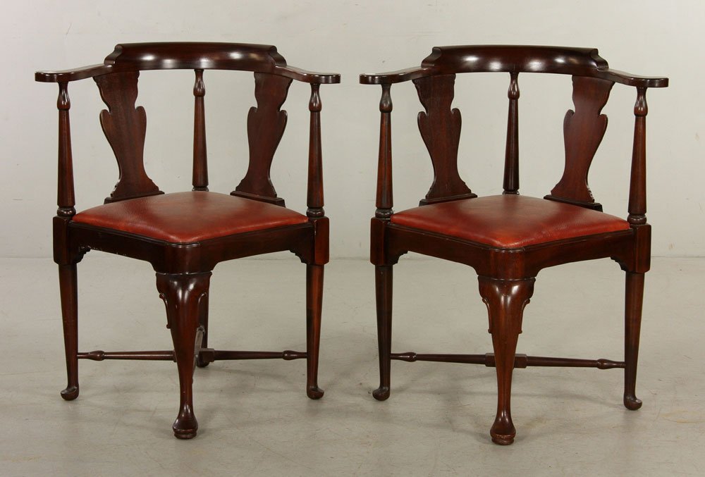 Pr. Queen Anne Style Corner Chairs: Pair of corner chairs, Queen Anne-style, 34" h x 28 1/4" w x 25 1/4" d. Provenance: From the lifelong collection of Dr. Lester Jenkins of Lynn, Massachusetts.