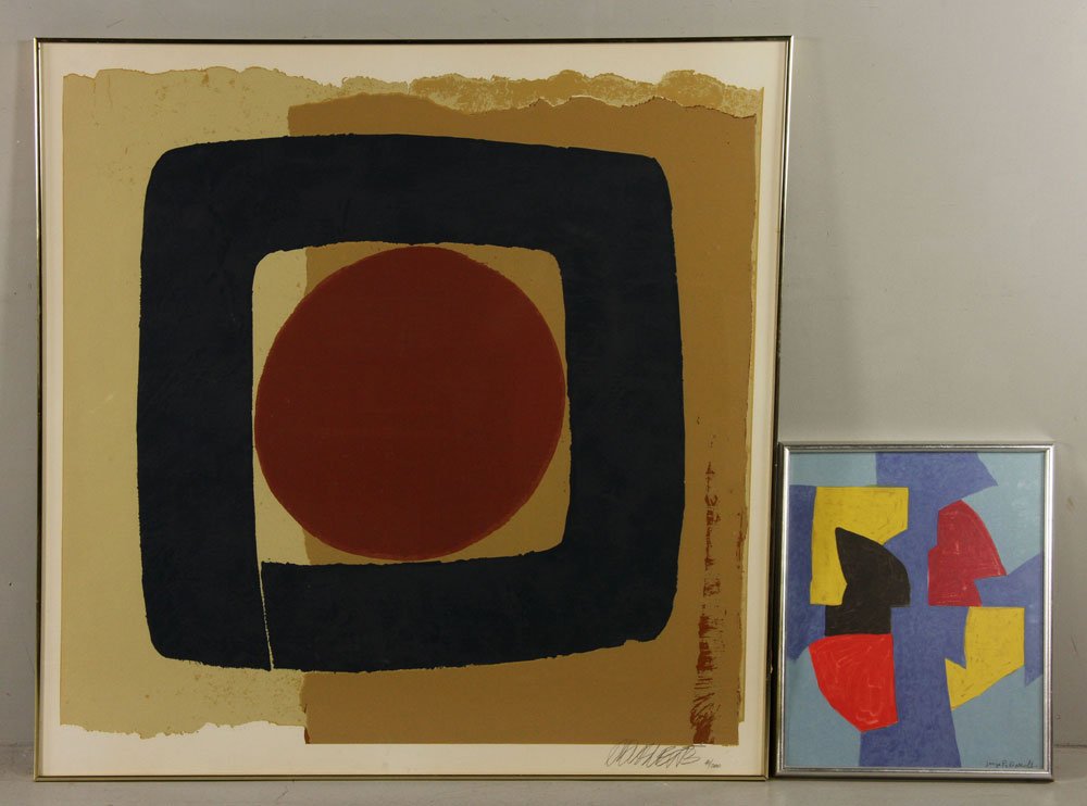 Lot of 2 Mid Century Lithographs: Lot of two lithographs, Mid-Century, to include: Serge Poliakoff (Russian-French, 1900-1969), abstract, framed under glass, 21" h x 17" w (frame); and Max Hayslette (American, 1930- ), "Olympus Sun,"