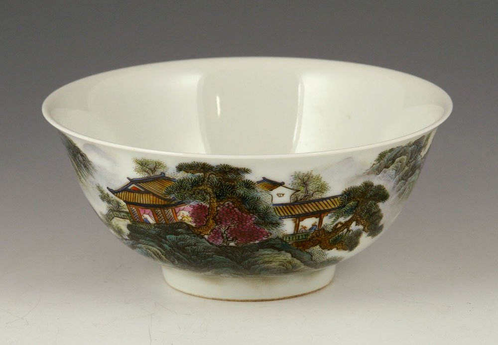 Chinese Famille Rose Bowl: Famille-rose bowl, Chinese, porcelain, decorated with image of a mountain, signed Wang Yun Shan, 3" h x 6" w. Â Provenance: From a Massachusetts estate.