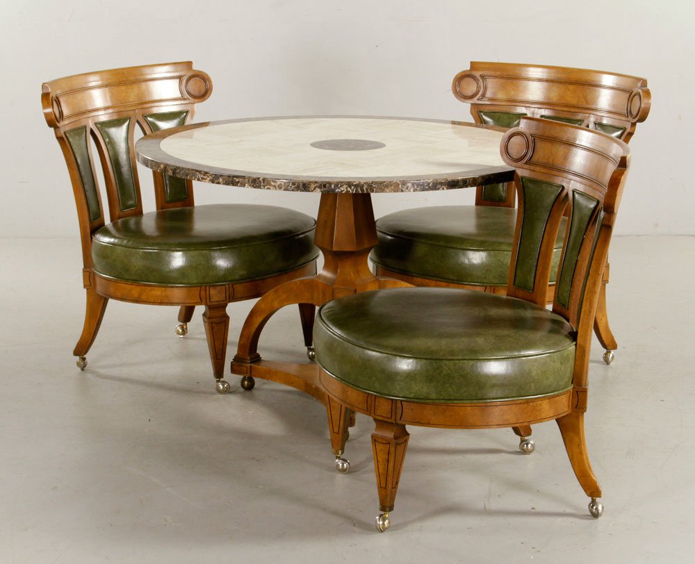 Mid Century Conversation Table and Leather Chairs: Marble conversation table, with leather chairs, Mid-Century, 25" h x 40" dia (table), 15" h (chair seat on castors). Provenance: From a New Hampshire estate.