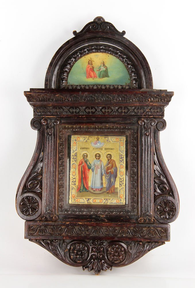 19th C. Russian Icon in Shadow Box: 19th century hand painted Russian icon, hand painted, in shadow box, 24" h x 16" w. Provenance: From the unreserved collection of Mrs. Jackie Pearson of San Diego, California.