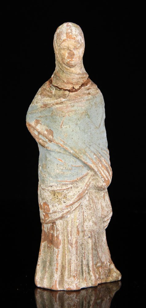 Roman Terracotta Tanagra Female Figure: Ancient Roman Tarangra female figure, terracotta, 5 1/4" h x 2 3/8" w x 1 1/2" d. Provenance: From the Lieutenant Commander Henry Honychurch Gorringe collection of the Worcester Art Museum. Commander 