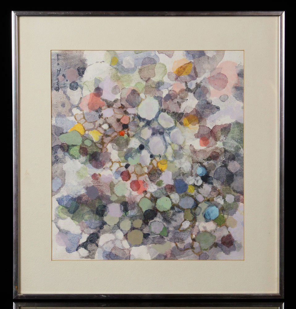 Davis, "Dots," W/C: Stuart Davis (American, 1892-1964), "Dots," watercolor on canvas, 12" h x 12" w (view), 16" h x 17" w (frame). Provenance: from the Santa Barbara, California and Madison, Connecticut estates of Emily