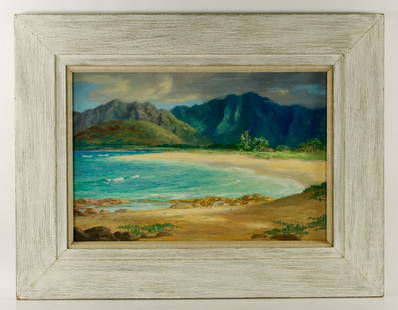 Sexton, View of Kahului, O/C: Lloyd Sexton, Jr. (American, 1912-1990), view of Kakului, Maui, Hawaii, oil on canvas, signed, 16" h x 24" w (view), 35" h x 26" w (frame). Provenance: from the Santa Barbara, California and Madison,