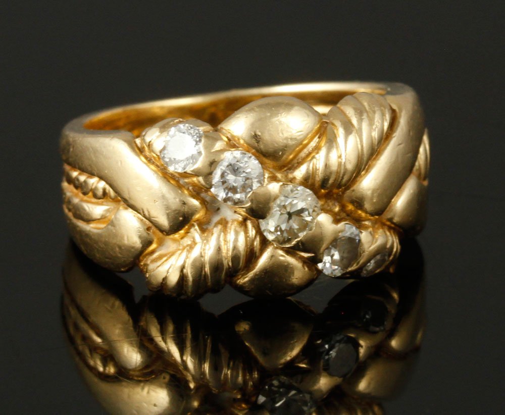 14K Gold and Diamond Ring: Ladies' 14K yellow gold and diamond ring, five round brilliant-cut diamonds, approximately .40 carats, G/I color, VS2-SI2 clarity, approximately 7 grams TW, size 4 3/4, with appraisal report. Provenan