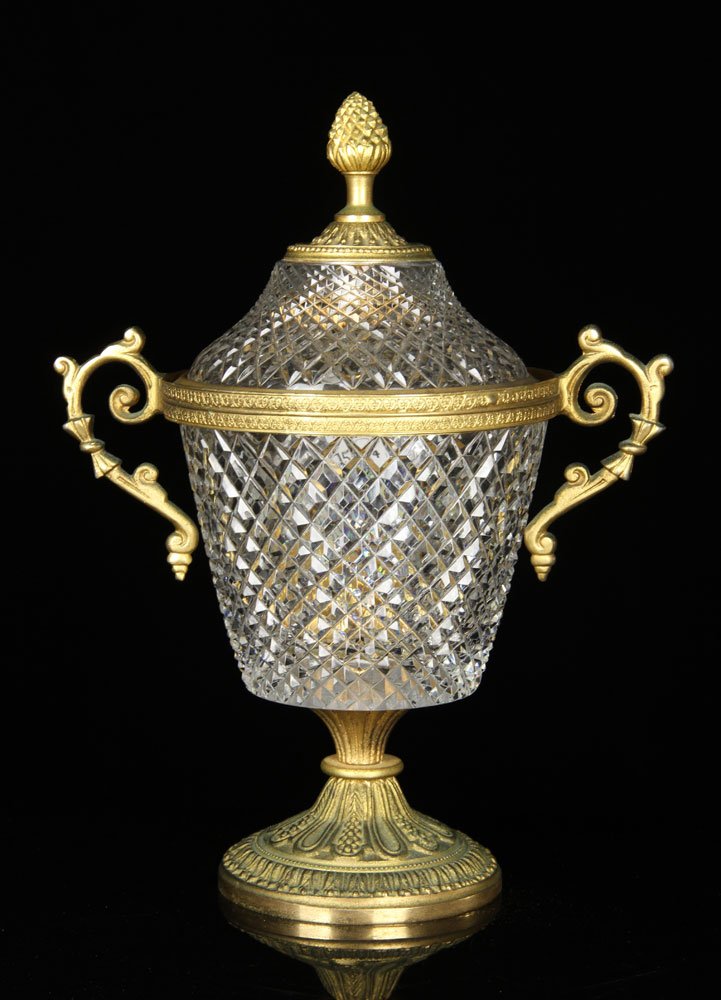French Style Bronze and Crystal Vase: French style covered vase, gilt bronze and crystal, 14 1/2" h x 11 1/2" w. Provenance: From the unreserved estate of Clara Netz of San Diego, CA.