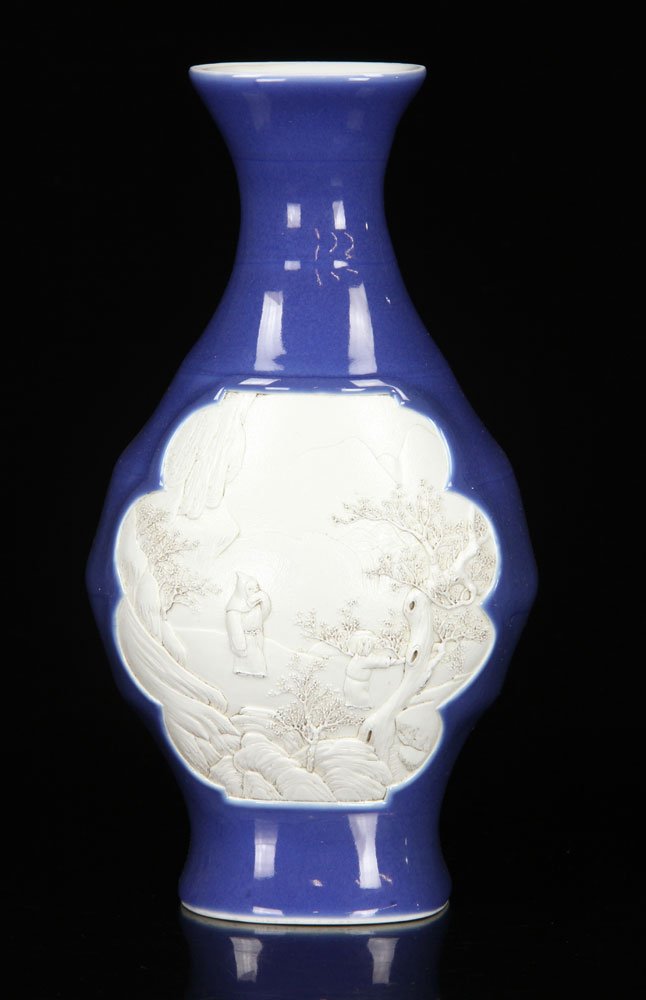 19th C. Chinese Blue Glazed Vase: 19th century blue glazed porcelain vase, China, decorated with two white glazed landscape views with figures, with carved Wang Bingrong mark on base, 11 1/4" h.