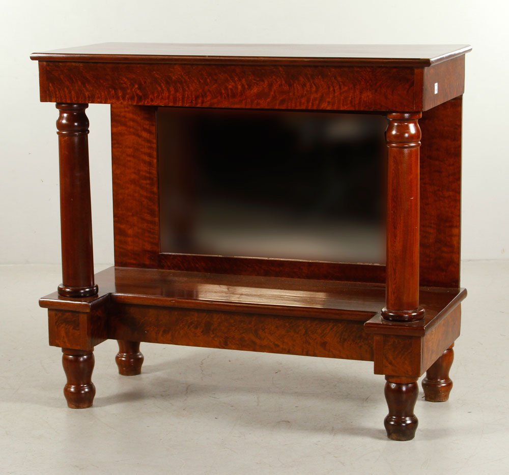 19th C. Mahogany Boston Pier Table: Early 19th century Boston pier table, mahogany, with mirrored lower back flanked by columns, 39" h x 41 1/4" w x 18 3/4" d. Provenance: From a Massachusetts collection.