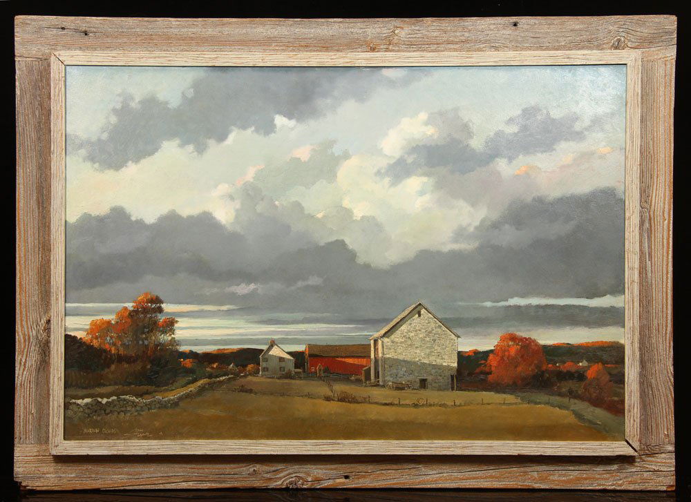 Sloane, "Autumn Clouds", Oil on Artist Board: Eric Sloane (American, 1850-1936), "Autumn Clouds", oil on artist board, signed, original driftwood, 24" h x 36" w (view), 30" h x 42" w (frame). Provenance: From a California estate.