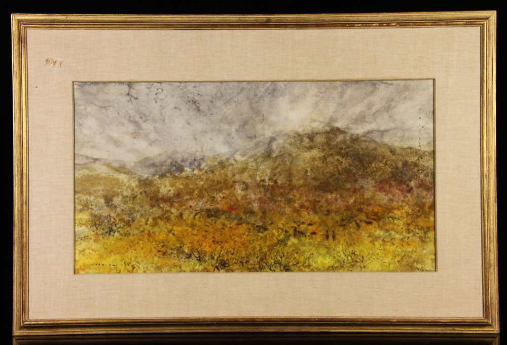 Chi, "Around an Autumn Hill," Watercolor: Chen Chi (Chinese American, 1911-2005), "Around an Autumn Hill," watercolor, signed and dated 1967 lower left, with O'Brien's Art Emporium, Scottsdale, Arizona label verso, 16 1/2" h x 31 1/2" w (view