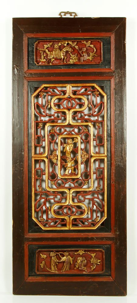 19th C. Chinese Carved Wood Window Shutter: 19th century carved red painted and gilt wood window shutter, China, depicting Chinese monkey fable, 39 1/4" h x 16" w.