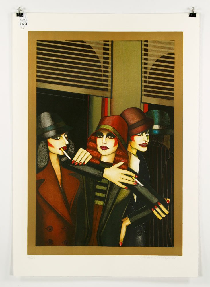 Okshteyn, Three Women Smoking, Lithograph: Shimon Okshteyn (b. 1951), three women smoking, lithograph on paper, edition lower left 88/250, signed lower right in pencil and dated '81, untitled, 30" h x 20 3/4" w. Provenance: From a Massachusett