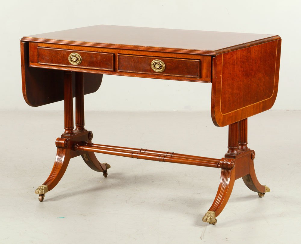 Regency Style Mahogany Inlaid Drop Leaf Sofa Table: Regency style inlaid drop leaf sofa table, mahogany, circa 1940s, 28 1/2" h x 37 1/2" w x 25" d. Provenance: From a New York collection.