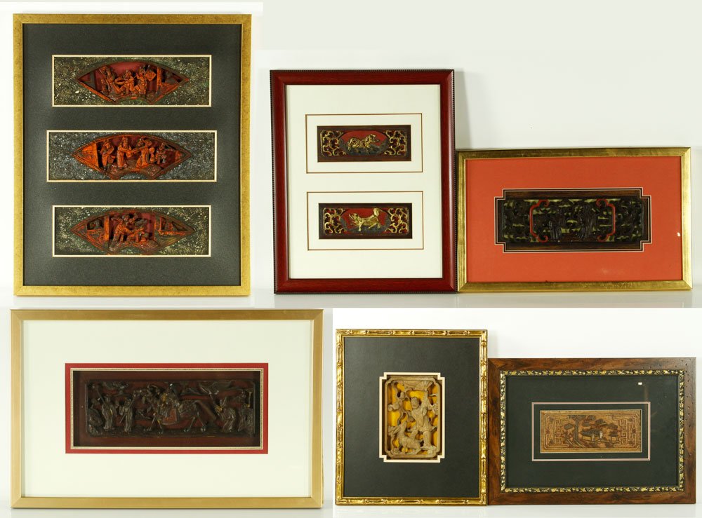 6 Chinese Framed Carved Panels: Lot of six antique carved bed panels, China, depicting Peking opera, mythical animals, prosperity, etc, shadow box framed.