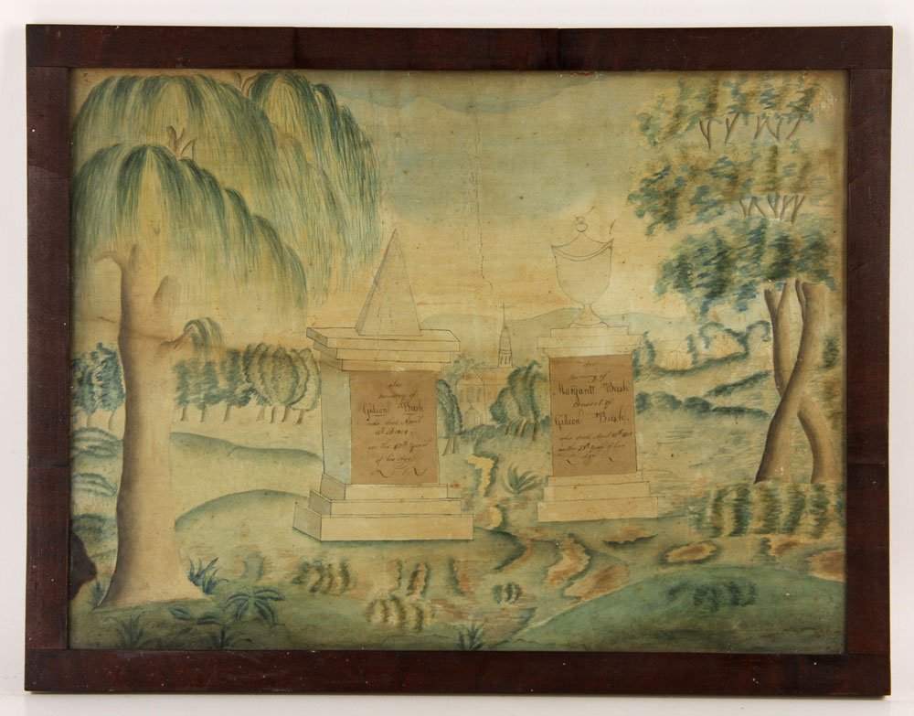 Early 19th C. Mourning Memorial, Watercolor: Early 19th century mourning memorial, watercolor, showing two monuments under willow tree inscribed with the names Gideon Bush and Margaret Bush and dates 1809 and 1812 respectively, 14" h x 18 1/2" w