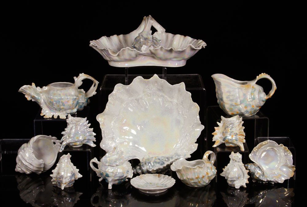 Collection of Royal Bayreuth 'Conch Shell' Porcelain: Collection of Royal Bayreuth 'Conch Shell' porcelain, to include: trays, tea set, wall pocket, salt and peppers, etc., 13 pieces, not all signed, largest 11" h x 8 3/4" w. Provenance: From a Californi